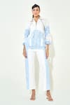 Shop_Qala Clothing_Blue Denim Lace Round Neck Light Jacket And Pant Set _at_Aza_Fashions