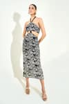 Buy_Qala Clothing_Black Knit Embroidery Halter Neck Floral Dress _at_Aza_Fashions