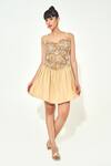 Buy_Qala Clothing_Beige Knit, Cotton Embroidery Sweetheart Neck Palma Sundower Short Dress _at_Aza_Fashions