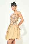Qala Clothing_Beige Knit, Cotton Embroidery Sweetheart Neck Palma Sundower Short Dress _Online_at_Aza_Fashions
