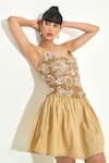 Buy_Qala Clothing_Beige Knit, Cotton Embroidery Sweetheart Neck Palma Sundower Short Dress _Online_at_Aza_Fashions