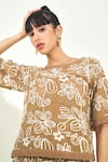 Buy_Qala Clothing_Beige Knit Embroidery Round Neck Floral Top And Pant Set _Online_at_Aza_Fashions