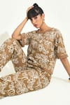 Shop_Qala Clothing_Beige Knit Embroidery Round Neck Floral Top And Pant Set _Online_at_Aza_Fashions