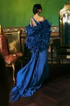 Shop_Supria Munjal_Navy Silk Fabric Flowers Asymmetric Nautical Blue Mori Gown _at_Aza_Fashions