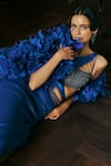 Buy_Supria Munjal_Navy Silk Fabric Flowers Asymmetric Nautical Blue Mori Gown _Online_at_Aza_Fashions