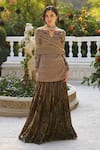 Buy_Supria Munjal_Gold Chanderi, Tissue, Velvet Embroidery Round Neck Sand Kurta Sharara Set _at_Aza_Fashions