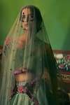 Shop_Supria Munjal_Green Silk, Tissue Embroidery Asymmetric Smoke Crinkled Shimmer Lehenga Set _at_Aza_Fashions