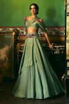 Buy_Supria Munjal_Green Silk, Tissue Embroidery Asymmetric Smoke Crinkled Shimmer Lehenga Set _at_Aza_Fashions