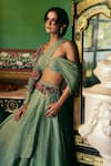 Supria Munjal_Green Silk, Tissue Embroidery Asymmetric Smoke Crinkled Shimmer Lehenga Set _Online_at_Aza_Fashions