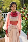 Buy_Supria Munjal_Beige Georgette, Crepe Embroidery Round , Open Skirt Blouse Cape Set _Online_at_Aza_Fashions
