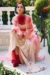 Shop_Supria Munjal_Beige Georgette, Crepe Embroidery Round , Open Skirt Blouse Cape Set _at_Aza_Fashions