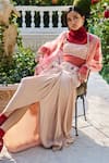 Buy_Supria Munjal_Beige Georgette, Crepe Embroidery Round , Open Skirt Blouse Cape Set _at_Aza_Fashions