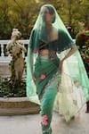 Shop_Supria Munjal_Green Silk, Tissue Sequins, Embroidery Round Neck Ombre Crinkled Saree Set _at_Aza_Fashions