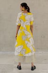 Shop_Silai Studio_Yellow Cotton, Linen V-neck Plantain Orchard Kurta And Checks Palazzo Set _at_Aza_Fashions