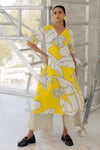 Buy_Silai Studio_Yellow Cotton, Linen V-neck Plantain Orchard Kurta And Checks Palazzo Set _at_Aza_Fashions