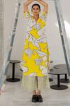 Shop_Silai Studio_Yellow Cotton, Linen V-neck Plantain Orchard Kurta And Checks Palazzo Set _Online_at_Aza_Fashions