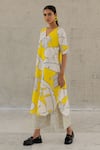 Silai Studio_Yellow Cotton, Linen V-neck Plantain Orchard Kurta And Checks Palazzo Set _at_Aza_Fashions