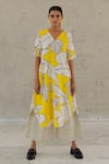 Shop_Silai Studio_Yellow Cotton, Linen V-neck Plantain Orchard Kurta And Checks Palazzo Set 
