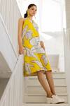 Buy_Silai Studio_Yellow Cotton, Linen Keyhole Neck Plantain Orchard Dress _at_Aza_Fashions