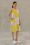 Silai Studio_Yellow Cotton, Linen Keyhole Neck Plantain Orchard Dress _Online_at_Aza_Fashions