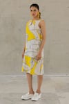 Buy_Silai Studio_Yellow Cotton, Linen Keyhole Neck Plantain Orchard Dress _Online_at_Aza_Fashions