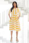 Silai Studio_Yellow Linen, Viscose Round Neck Pink Lemonade Striped Dress _Online_at_Aza_Fashions