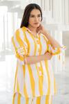 Shop_Silai Studio_Yellow Linen, Viscose Collared Striped Co-ord Pant Set 