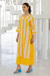 Silai Studio_Yellow Linen, Viscose V-neck Box Slit Kurta Set _at_Aza_Fashions