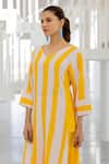 Silai Studio_Yellow Linen, Viscose V-neck Lemonberry Box Slit Kurta _at_Aza_Fashions