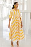 Buy_Silai Studio_Yellow Linen, Viscose V-neck Lemonberry Drawcord Dress _at_Aza_Fashions
