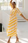 Silai Studio_Yellow Linen, Viscose V-neck Lemonberry Drawcord Dress _at_Aza_Fashions