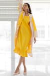 Silai Studio_Yellow Linen, Viscose Embroidery Open Neck, Lemons And Candies Jacket & Dress Set _Online_at_Aza_Fashions