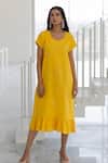 Silai Studio_Yellow Linen, Viscose Embroidery Open Neck, Lemons And Candies Jacket & Dress Set _at_Aza_Fashions