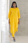 Shop_Silai Studio_Yellow Linen, Viscose Round Neck Sunflower Kurta Set _Online_at_Aza_Fashions