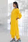 Silai Studio_Yellow Linen, Viscose Round Neck Sunflower Kurta _Online_at_Aza_Fashions
