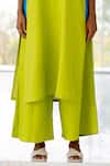 Silai Studio_Green Linen, Viscose V-neck Box Slit Kurta Set _Online_at_Aza_Fashions