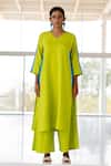Buy_Silai Studio_Green Linen, Viscose V-neck Box Slit Kurta Set _at_Aza_Fashions