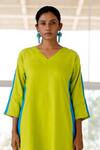 Shop_Silai Studio_Green Linen, Viscose V-neck Box Slit Kurta Set _Online_at_Aza_Fashions