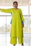 Buy_Silai Studio_Green Linen, Viscose V-neck Avocado Azure Box Slit Kurta _at_Aza_Fashions