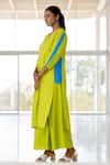 Silai Studio_Green Linen, Viscose V-neck Avocado Azure Box Slit Kurta _Online_at_Aza_Fashions