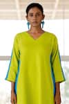 Shop_Silai Studio_Green Linen, Viscose V-neck Avocado Azure Box Slit Kurta _Online_at_Aza_Fashions