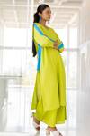 Silai Studio_Green Linen, Viscose V-neck Avocado Azure Box Slit Kurta _at_Aza_Fashions