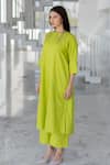 Silai Studio_Green Linen, Viscose Round Neck Avocado Kurta Set _at_Aza_Fashions