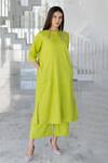Silai Studio_Green Linen, Viscose Round Neck Avocado Kurta _at_Aza_Fashions