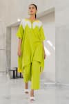 Silai Studio_Green Linen, Viscose Applique Round Neck Sunflower Tunic _Online_at_Aza_Fashions