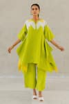 Shop_Silai Studio_Green Linen, Viscose Applique Round Neck Sunflower Tunic _Online_at_Aza_Fashions