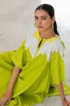 Silai Studio_Green Linen, Viscose Applique Round Neck Sunflower Tunic _at_Aza_Fashions