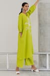 Shop_Silai Studio_Green Linen, Viscose Embroidery Round Neck Matcha Bloom Kurta Set _Online_at_Aza_Fashions