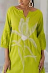 Silai Studio_Green Linen, Viscose Embroidery Keyhole Neck Matcha Bloom Kurta _Online_at_Aza_Fashions