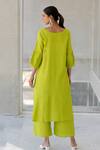 Shop_Silai Studio_Green Linen, Viscose Embroidery Keyhole Neck Matcha Bloom Kurta _at_Aza_Fashions